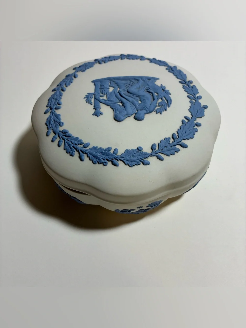 Vintage Wedgwood White & Blue Reverse Jasperware Scalloped Lidded Trinket Box
